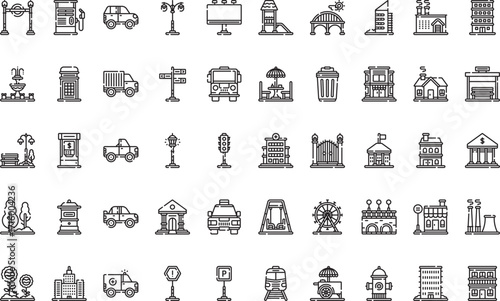 Urban landmarks and infrastructure Icons Modern Illustration Symbol Design Template for Web and Mobile UI. Editable Stroke Pictogram for Business Projects and Apps.