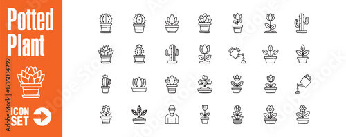 Potted plant icon set collection of various potted plants, including cactus, succulent, and flower perfect for designs related to gardening and home decor