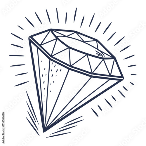 Hand drawn sparkling diamond gemstone with radiating light lines on a white background