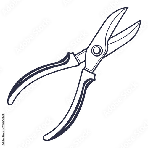 Illustration of a pair of open aviation snips or tin snips with dark blue outline on white background