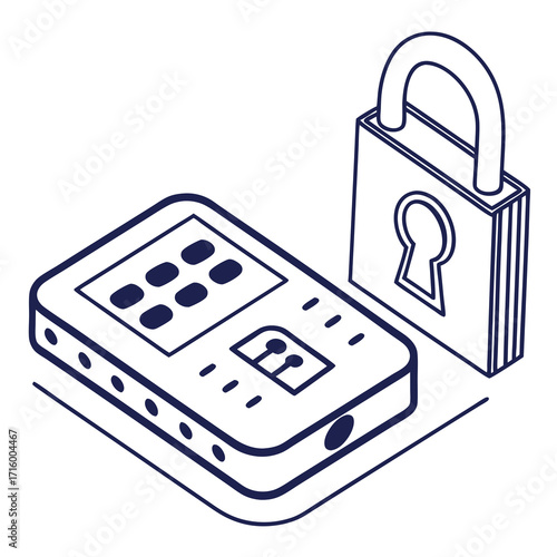 Isometric outline illustration of a locked mobile device symbolizing digital security and data protection concepts