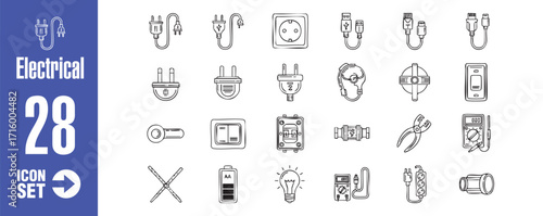 This is a collection of 28 electrical icons, each meticulously designed to represent various aspects of electricity and electronics, from plugs to wires
