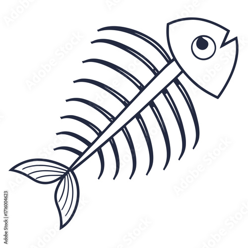 Simple dark blue outline drawing of a fish skeleton with a tail and head on a white background