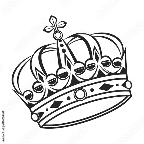 Stylized black and white crown illustration with ornate details and fleur de lis symbol on top