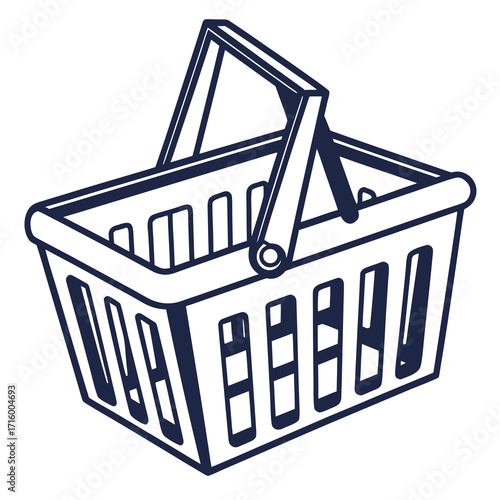 Simple outline drawing of an empty shopping basket with a handle on a white background