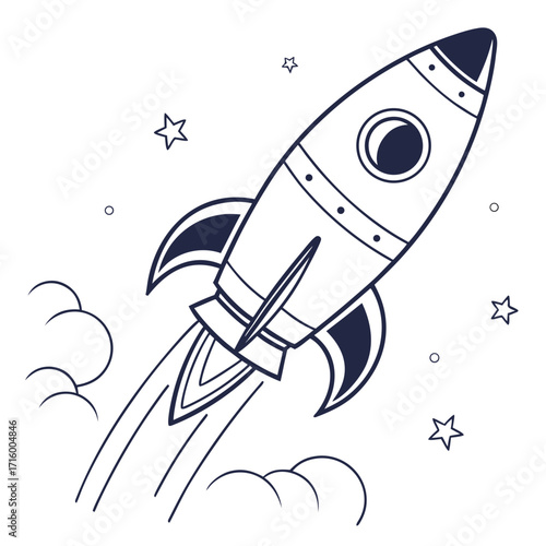 Stylized line art illustration of a dark blue rocket blasting off into space with stars and clouds