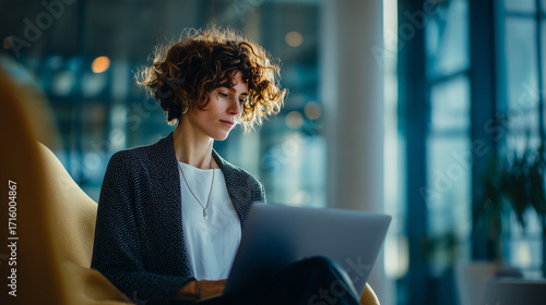Focused Professional: A focused professional woman, with curly hair, diligently working on a sleek laptop in a modern, well-lit office. Capturing focus and dedication.