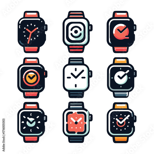 Colorful smartwatch designs with varied interfaces displayed