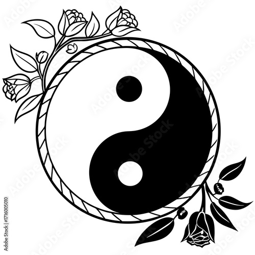 Elegant black and white yin yang symbol adorned with delicate rose branches and leaves