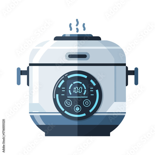 Illustration of a modern electric pressure cooker with digital display and steam coming out of the top.
