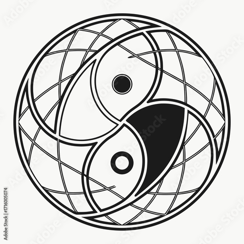 Stylized yin yang symbol with a geometric grid overlay representing balance and harmony