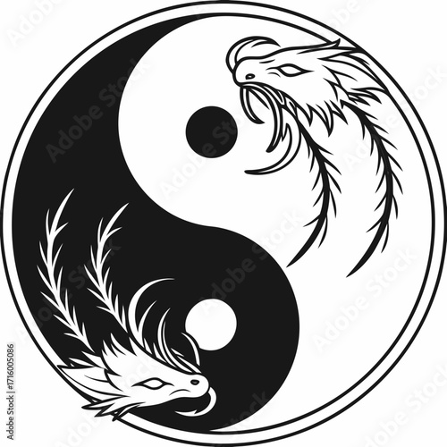 Stylized yin yang symbol featuring opposing dragon heads in black and white with intricate details