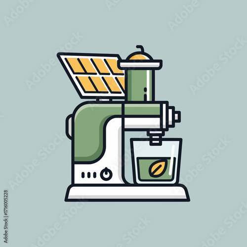 Illustration of a green and white juicer with a glass of juice, set against a light blue background.