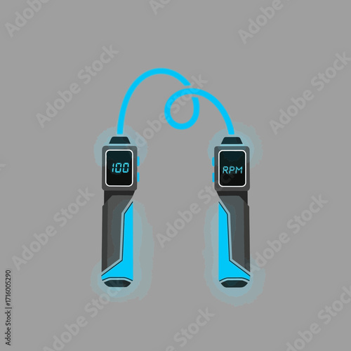 Digital jump rope with handles displaying RPM and jump count on a gray background.