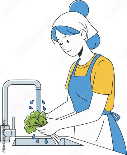 Woman Washing Green Vegetables Under Faucet in Kitchen