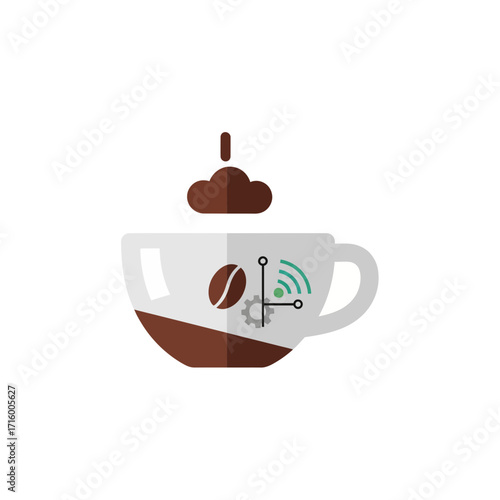 Coffee cup with coffee bean, gear, and wifi symbol.
