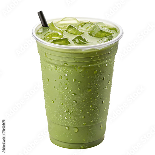 Refreshing iced green tea latte with matcha and ice cubes in a plastic cup with black straw