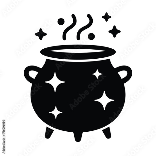 Black silhouette of a witch s cauldron with bubbling steam and sparkling magic stars