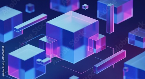 Futuristic geometric blocks forming abstract digital network structure