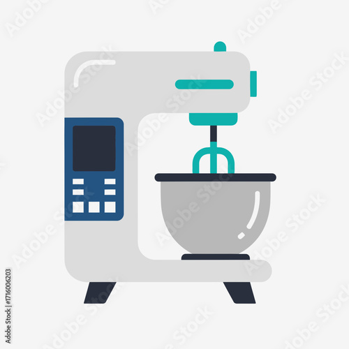 Illustration of a stand mixer with a bowl and beater attachment.