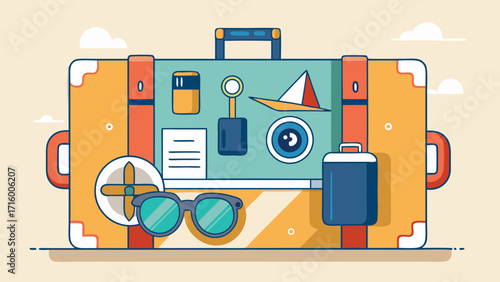 Summer suitcase with sunglasses, camera, travel documents and mini sailboat symbolizing vacation, adventure and travel essentials