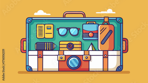 Open suitcase filled with travel essentials like camera, sunglasses, notebook and luggage representing vacation preparation and adventure