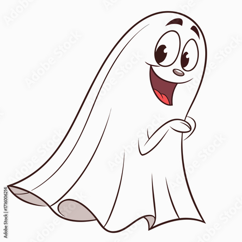 Cartoon ghost with friendly expression in geometric vector style and milky white fill
