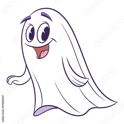Cartoon ghost with friendly expression in geometric vector style and milky white fill
