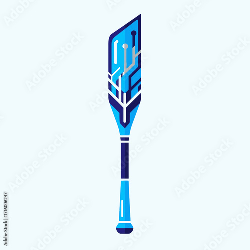 Stylized blue paddle with circuit board design on a light blue background.