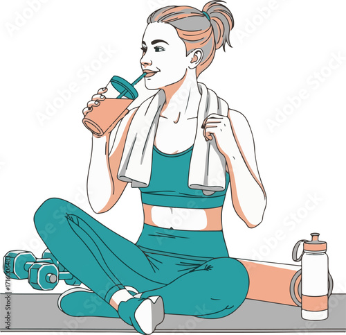 Illustration of Woman Resting After Workout, Hydrating with a Drink on Yoga Mat