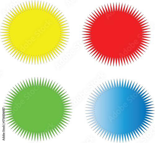 Four colorful starburst shapes in yellow red green and blue on white graphic element