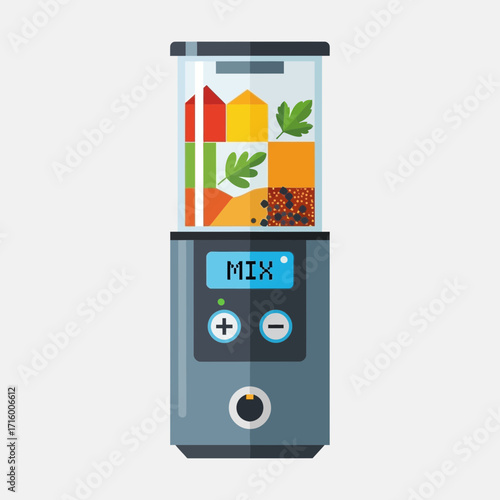 Blender with fruits and vegetables inside, flat vector illustration.