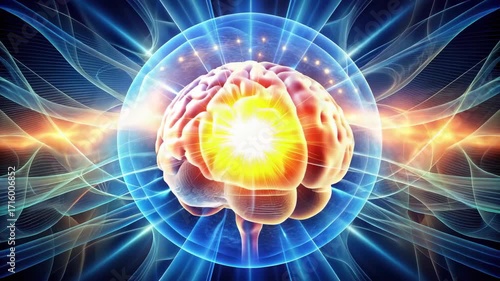 Concept of Positive Mindset with Human Brain Radiating Light, Focus and Law of Attraction Energy