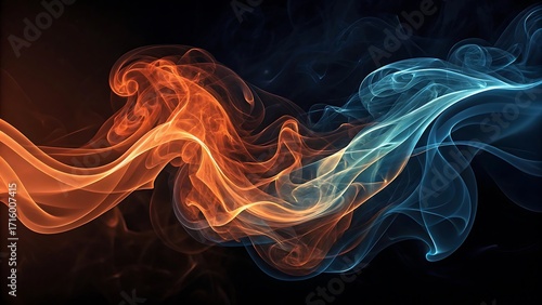 Abstract patterns of smoke in deep orange and blue tones, blending seamlessly on a dark background