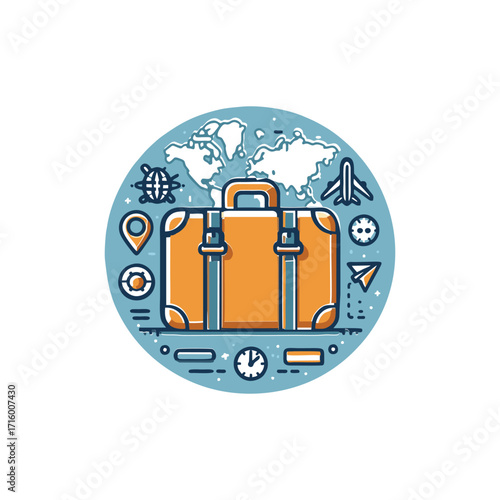 Colorful travel suitcase illustration with maps and icons