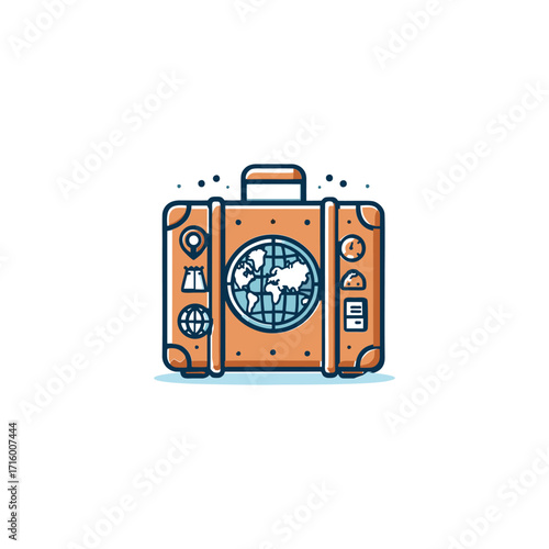 Colorful travel suitcase with globe and travel icons