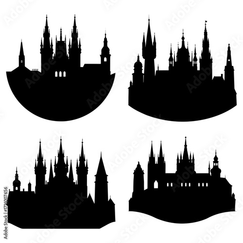 Four silhouette illustrations of castles and cathedrals on a white background in a vector format