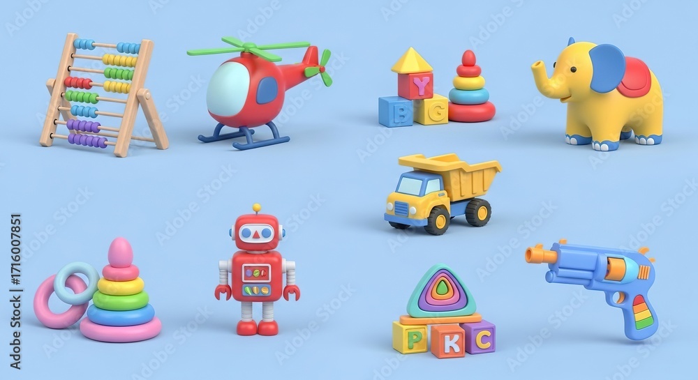 Naklejka premium Colorful assorted childrens toys on blue background
