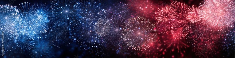 Obraz premium Panoramic Fireworks Display in Red, White, and Blue for Celebrating National Holidays