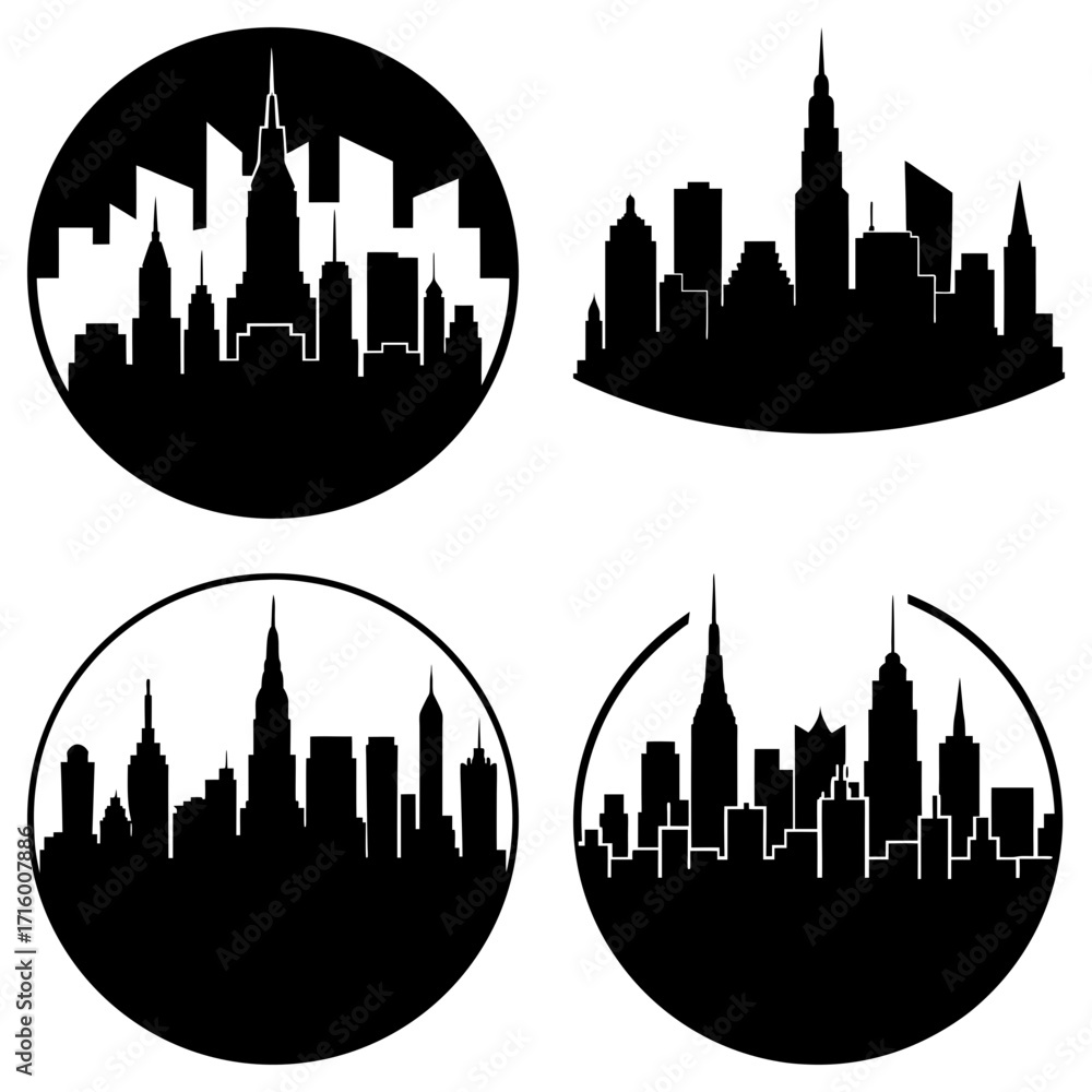 Fototapeta premium Four city skyline silhouettes in circles and curved shapes against a white plain background view