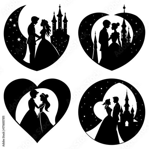 Four romantic silhouettes of couples with castles and moon in heart and circle shapes on a white background