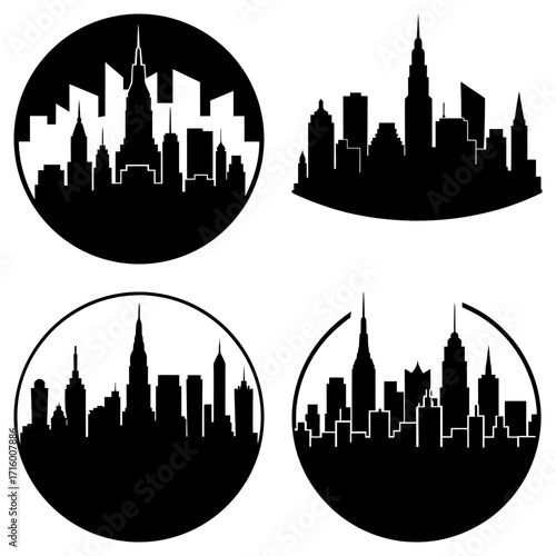 Four city skyline silhouettes in circles and curved shapes against a white plain background view