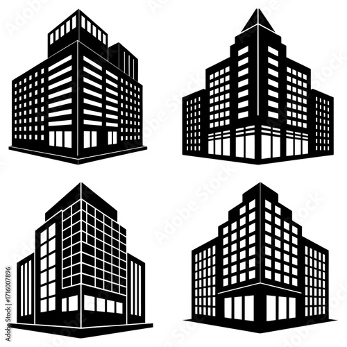 Four different black and white building illustrations with varying architectural designs and perspectives