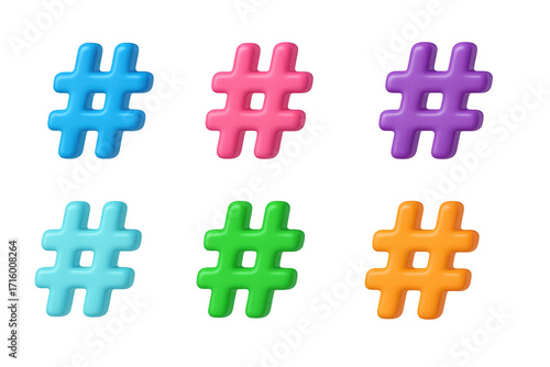 Colorful 3d hashtag grid in vibrant modern style design across six variants