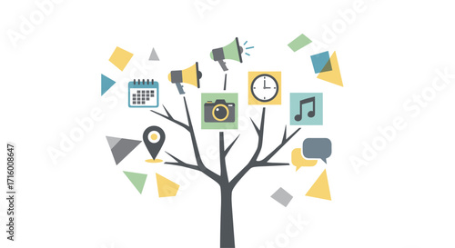 Boost your brand with vibrant social media marketing icons growing like tree branches showing a calendar camera speaker location and clock, Generative AI.