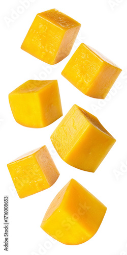 Fresh cubed mango pieces on white background for healthy tropical fruit salad and snack recipe