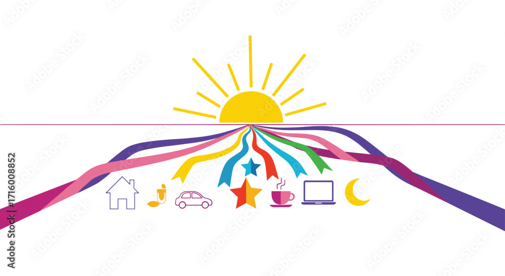 Fototapeta premium Unlock your potential with colorful paths to success visualizing home ideas travel dreams work and rest under a bright promising sun, Generative AI.