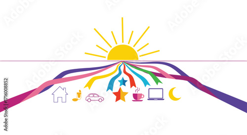 Unlock your potential with colorful paths to success visualizing home ideas travel dreams work and rest under a bright promising sun, Generative AI.