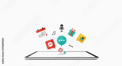 Tablet with vibrant icons representing app notifications scheduling music podcasting and gifts for modern digital lifestyle, Generative AI.
