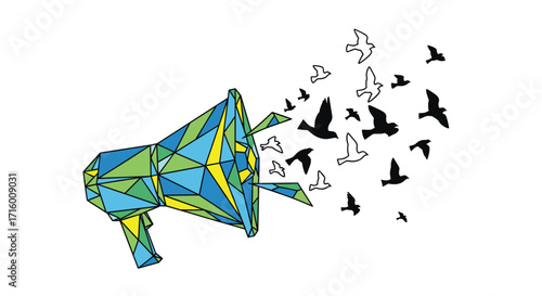 Colorful geometric megaphone unleashing soaring birds symbolizing freedom of speech and powerful communication perfect for social justice campaigns, Generative AI.